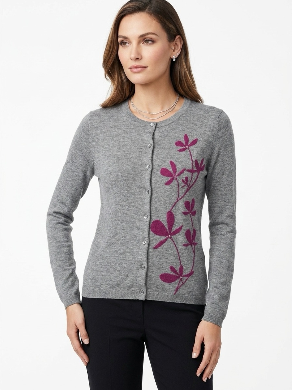Garnet Hill Wool Floral Cardigan Heather Gray Magenta Flowers Size Small